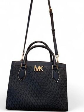 Michael Kors Navy Blue Monogram Satchel with Gold MK Accent